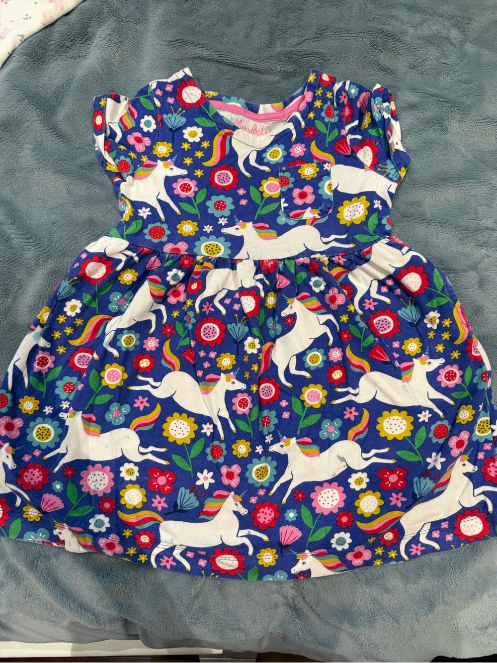 Mini Boden Girls Blue Unicorn Floral Dress - KiddoStyle 4-5